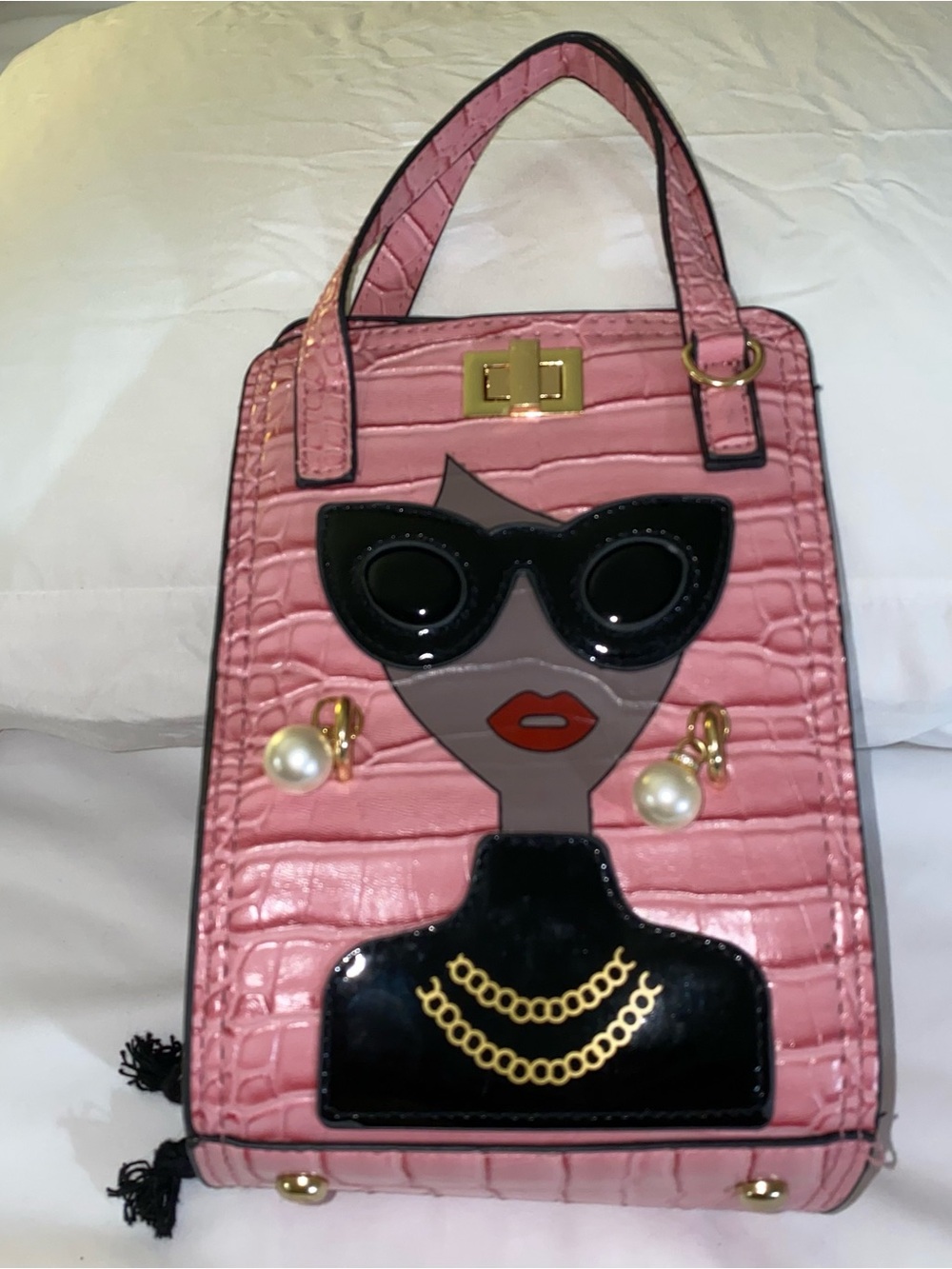 Pink Novelty Croc-Embossed Handbag Shoulder Bag with Sunglasses  Face Appliqué